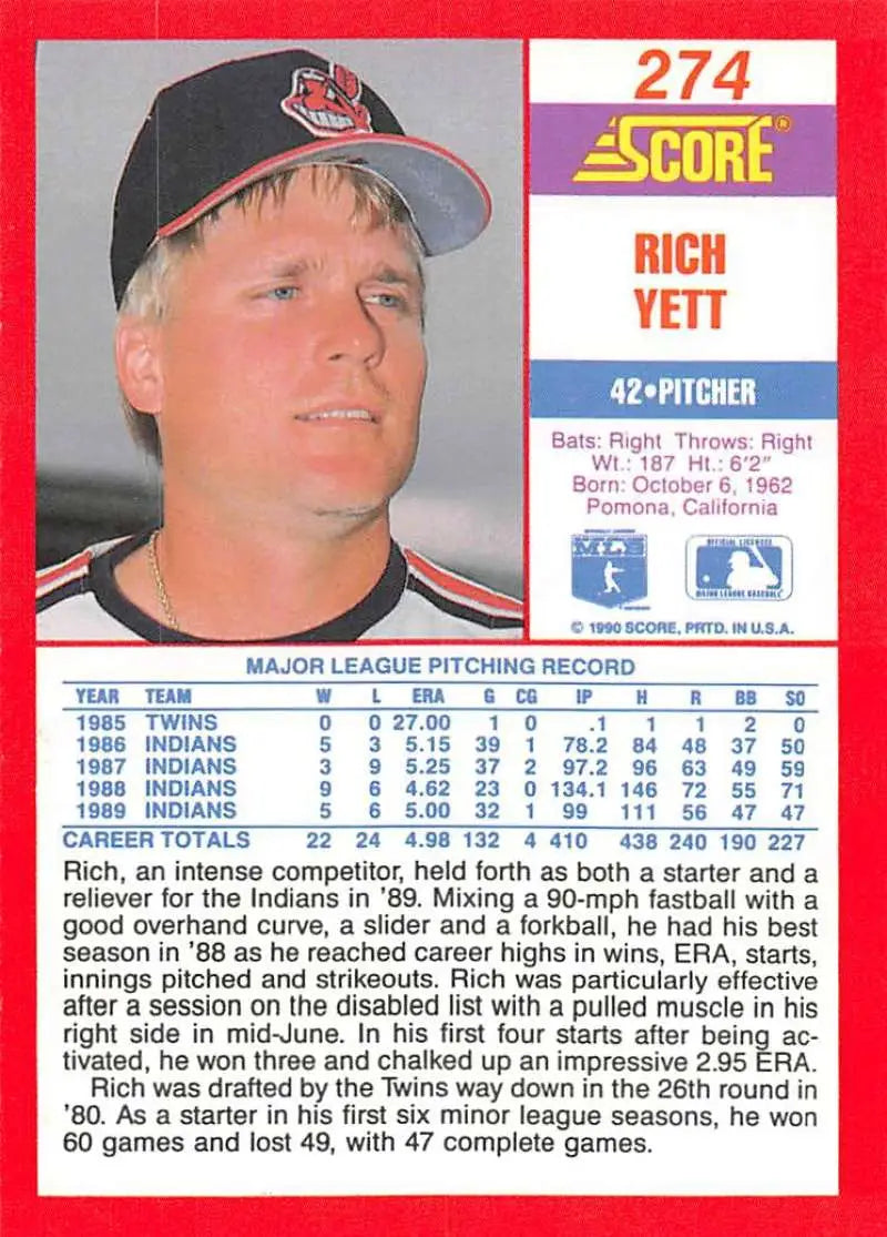 1990 Score #274 Rich Yett EX Excellent Cleveland Indians Baseball Card