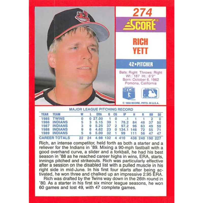 1990 Score #274 Rich Yett NM-MT Cleveland Indians Baseball Card - Baseball Card Single