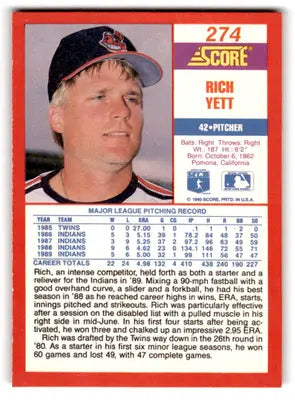 1990 Score #274 Rich Yett NM-MT Indians ID:70064 - Baseball Card Single