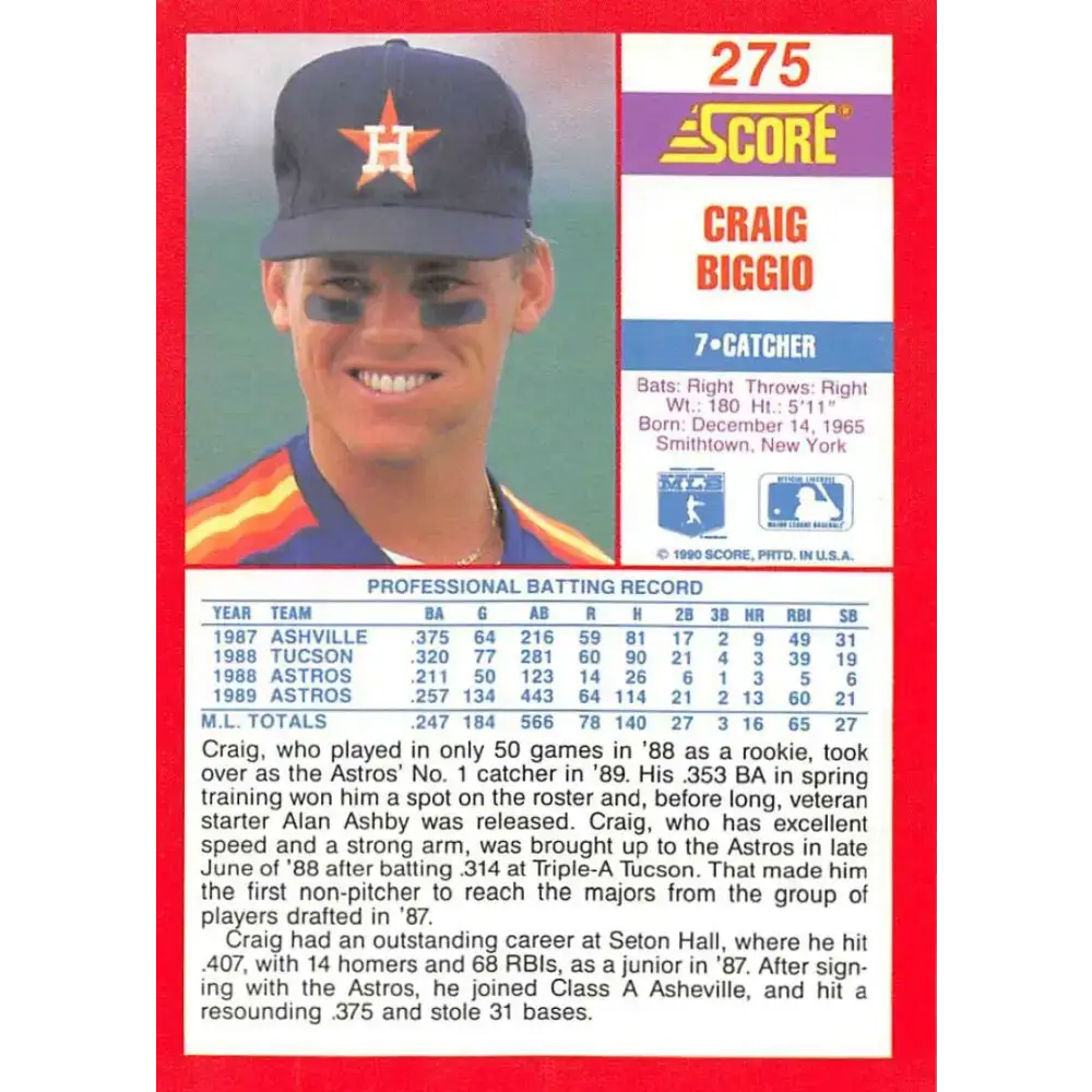 1990 Score #275 Craig Biggio NM-MT Houston Astros Baseball Card - Baseball Card Single