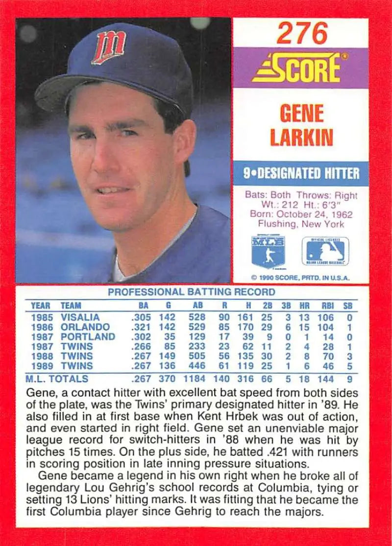 1990 Score #276 Gene Larkin EX Excellent Minnesota Twins Baseball Card - Baseball Card Single