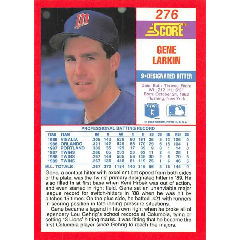 1990 Score #276 Gene Larkin NM-MT Minnesota Twins Baseball Card - Baseball Card Single
