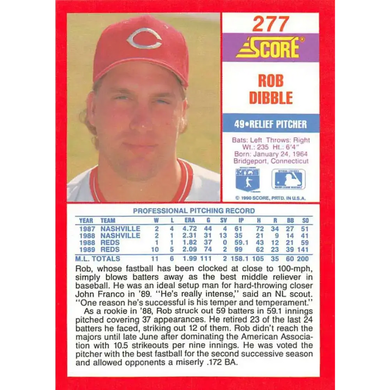 1990 Score #277 Rob Dibble NM-MT Cincinnati Reds Baseball Card - Baseball Card Single