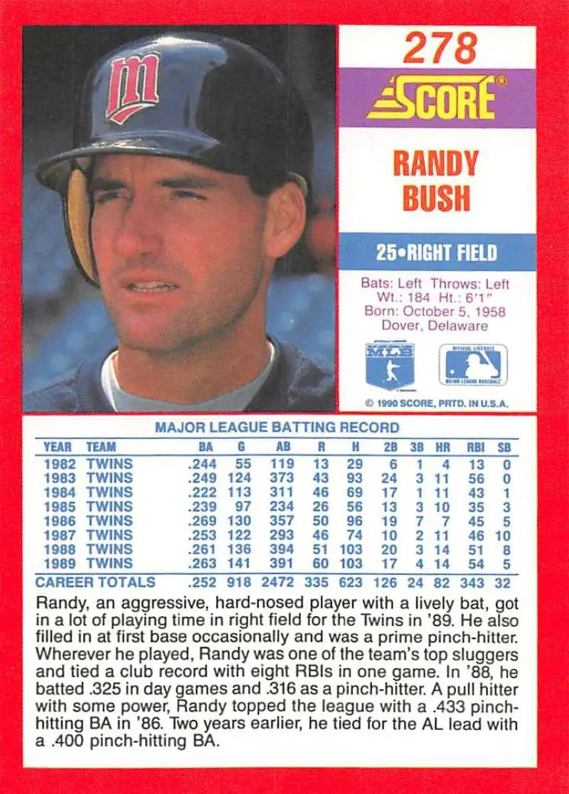 1990 Score #278 Randy Bush EX Excellent Minnesota Twins Baseball Card - Baseball Card Single