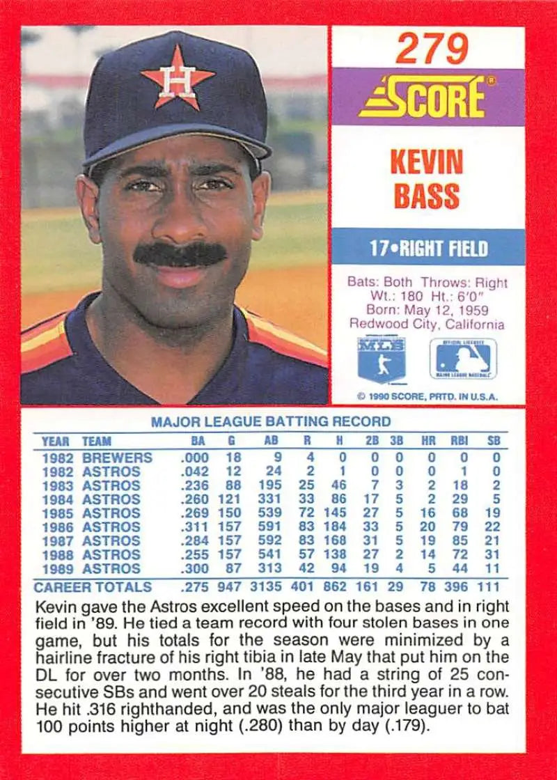 1990 Score #279 Kevin Bass EX Excellent Houston Astros Baseball Card - Baseball Card Single