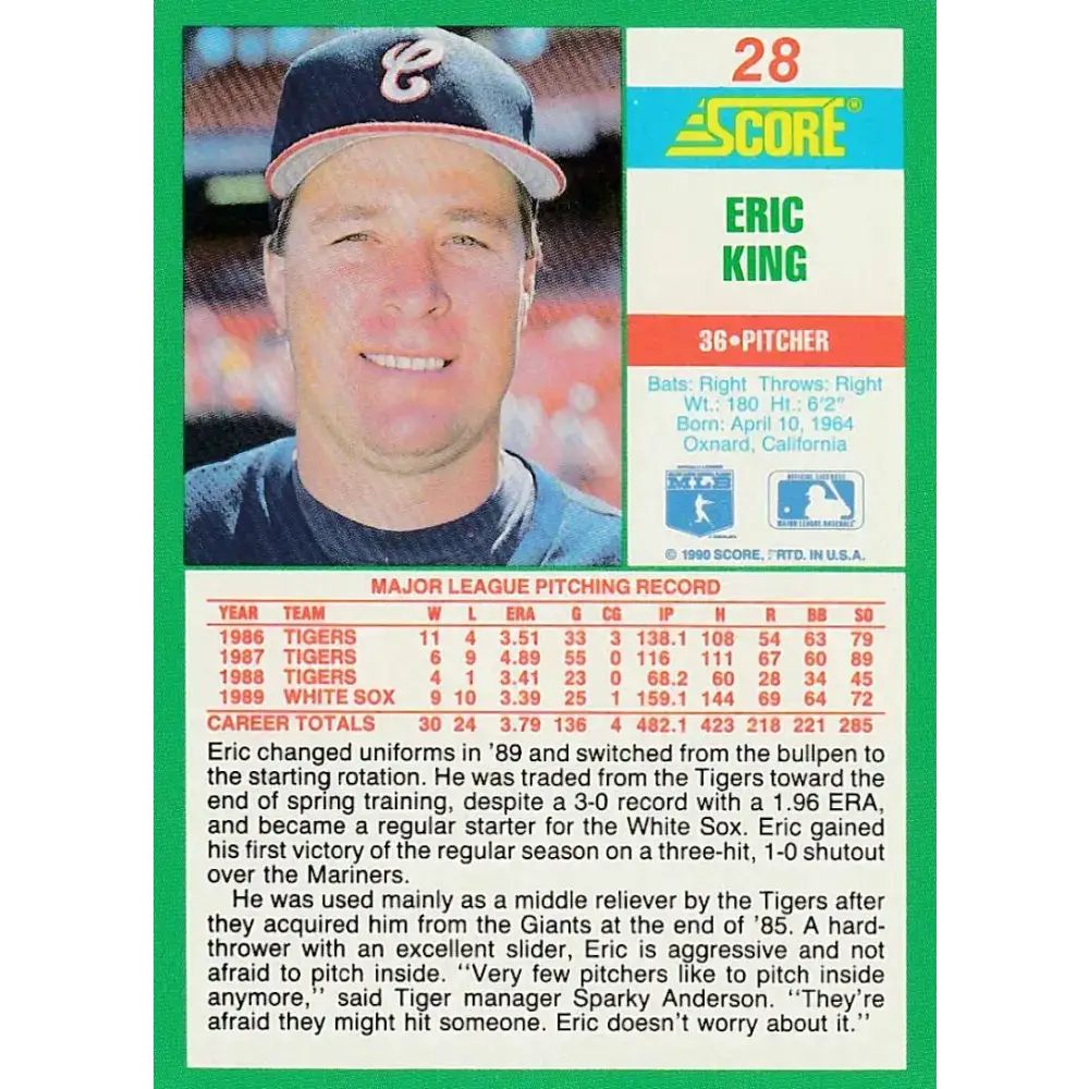 1990 Score #28 Eric King NM-MT Chicago White Sox Baseball Card - Baseball Card Single