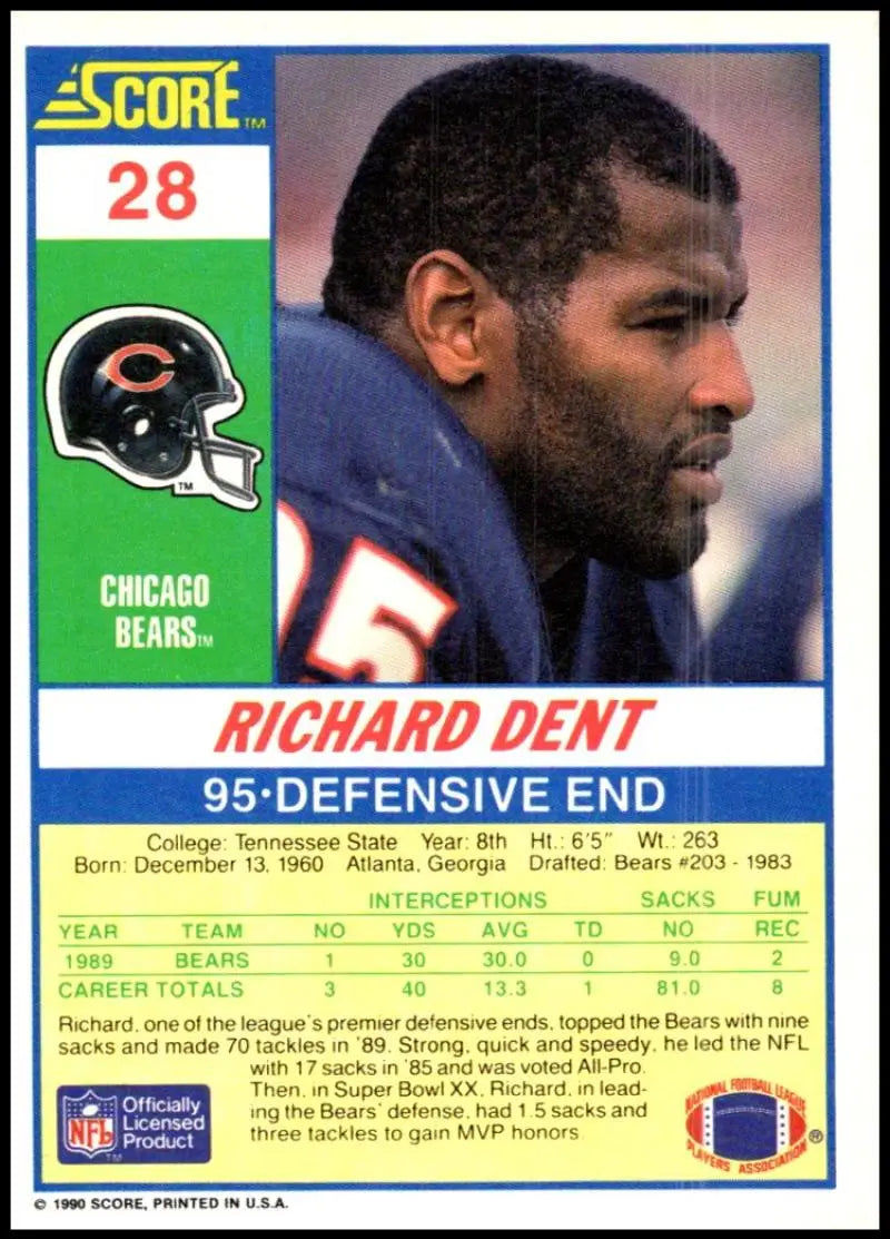 1990 Score #28 Richard Dent NM-MT Chicago Bears Football Card - Football Card Single