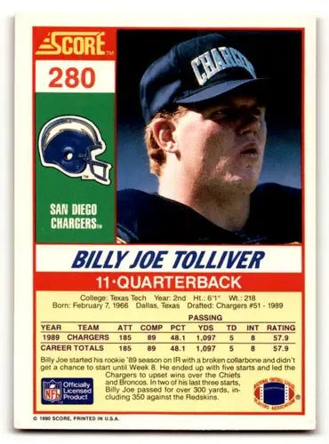 Original gloss Billy Joe Tolliver football card from 1990 Score #280 San Diego Chargers