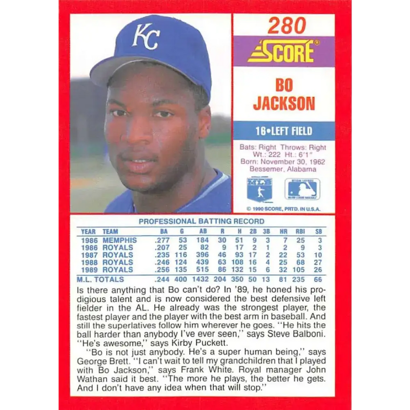1990 Score #280b Bo Jackson COR NM-MT Kansas City Royals Baseball Card - Baseball Card Single