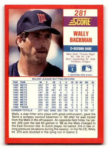Original gloss Wally Backman baseball card from 1990 Score #281 featuring Wally Backman
