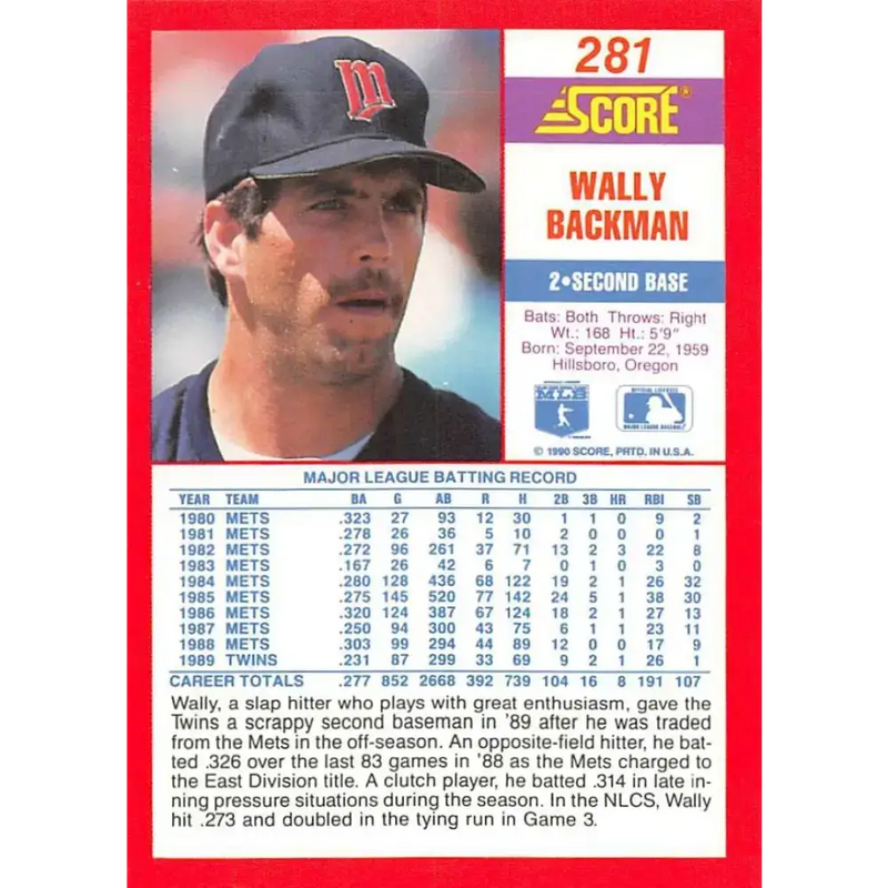 1990 Score #281 Wally Backman NM-MT Minnesota Twins Baseball Card - Baseball Card Single