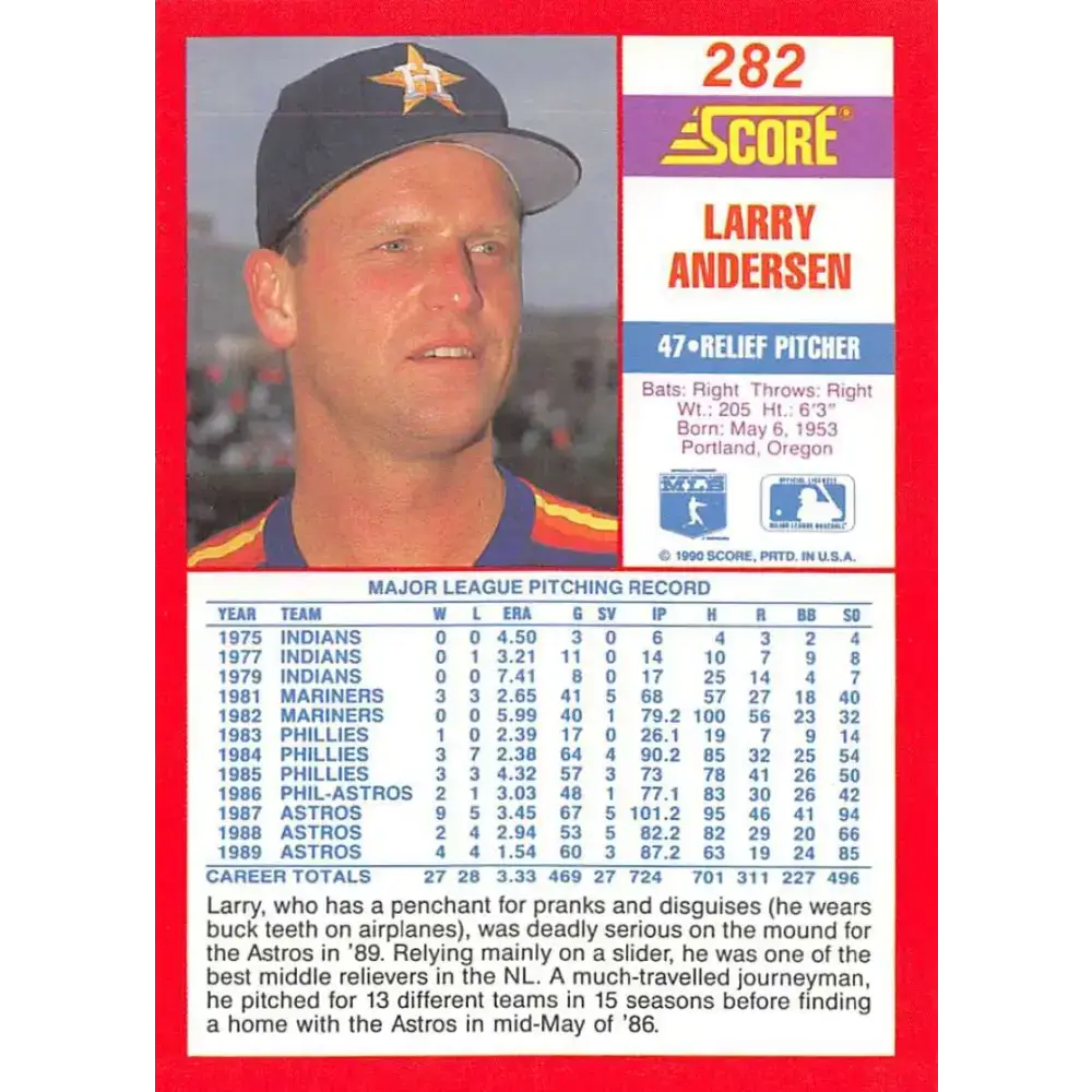 1990 Score #282 Larry Andersen NM-MT Houston Astros Baseball Card - Baseball Card Single