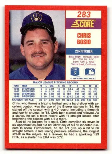 Original gloss Chris Bosio baseball card from 1990 Score #283 featuring Simply Sandoval