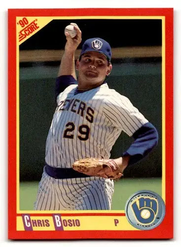 1990 Score Chris Bosio baseball card featuring original gloss and Simply Sandoval info