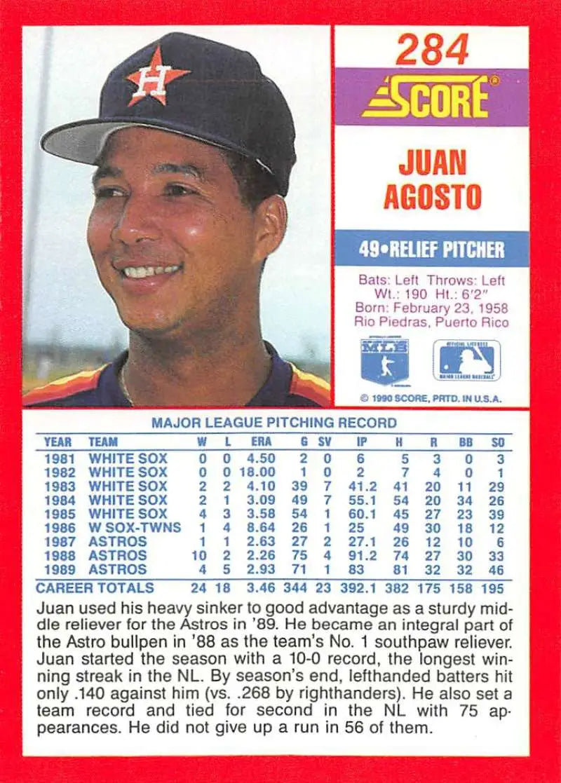 1990 Score #284 Juan Agosto EX Excellent Houston Astros Baseball Card - Baseball Card Single