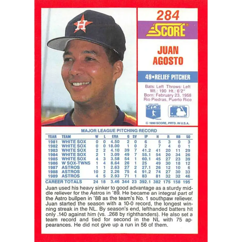 1990 Score #284 Juan Agosto NM-MT Houston Astros Baseball Card - Baseball Card Single