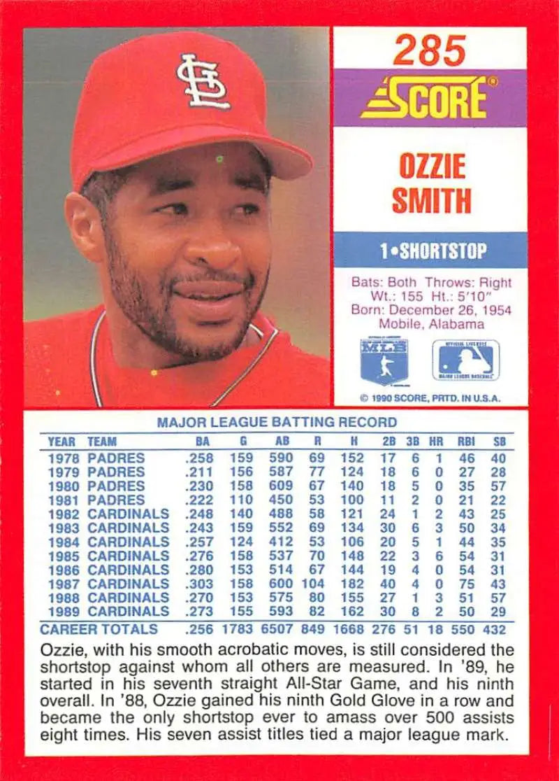 1990 Score #285 Ozzie Smith EX Excellent St. Louis Cardinals Baseball Card - Baseball Card Single