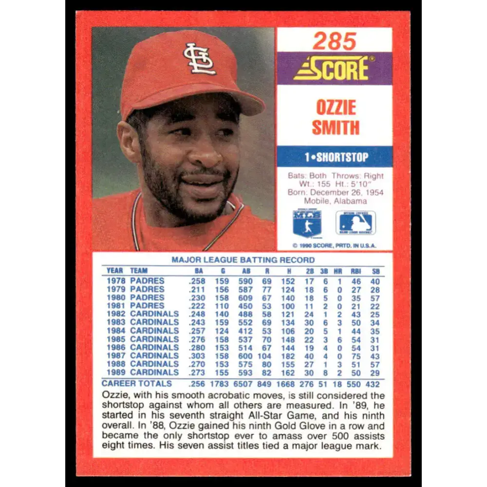1990 Score #285 Ozzie Smith EX/NM St. Louis Cardinals Baseball Card - Baseball Card Single