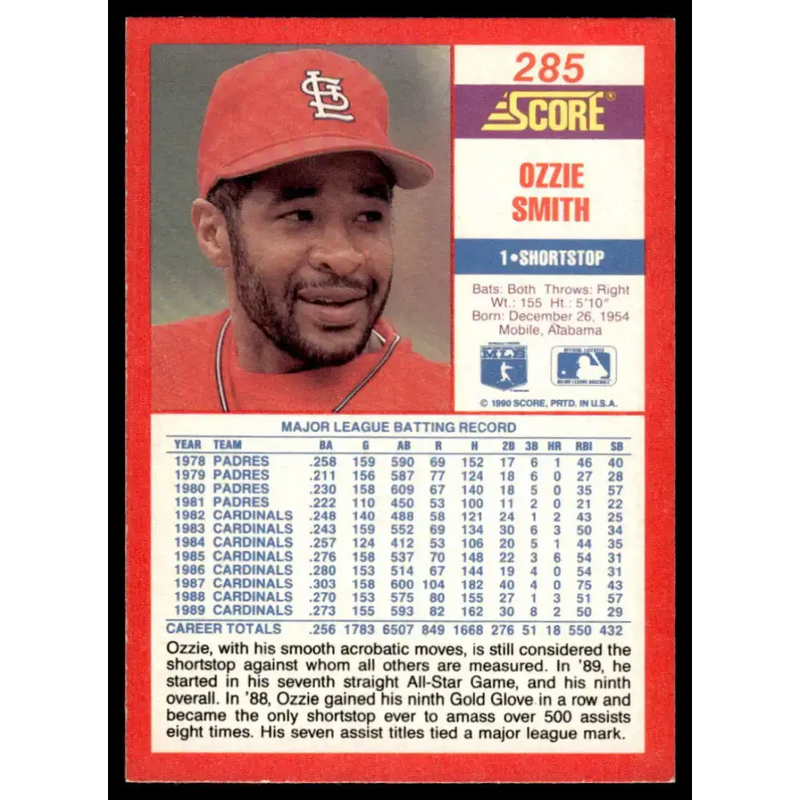 1990 Score #285 Ozzie Smith EX/NM St. Louis Cardinals Baseball Card - Baseball Card Single