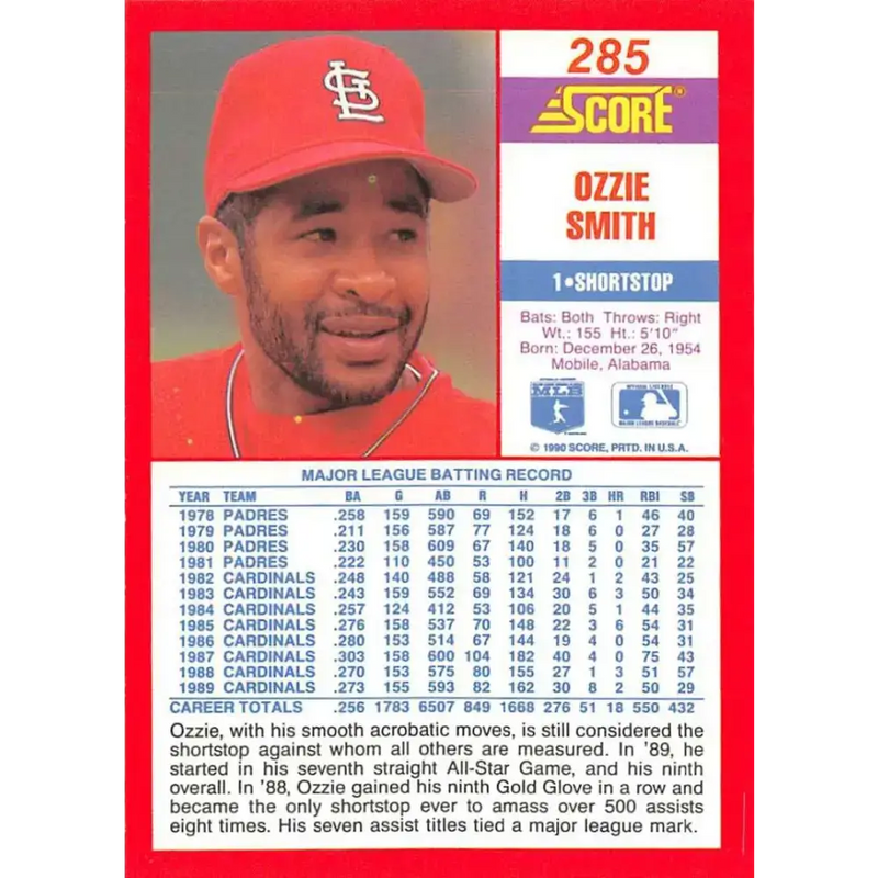 1990 Score #285 Ozzie Smith NM-MT St. Louis Cardinals Baseball Card - Baseball Card Single