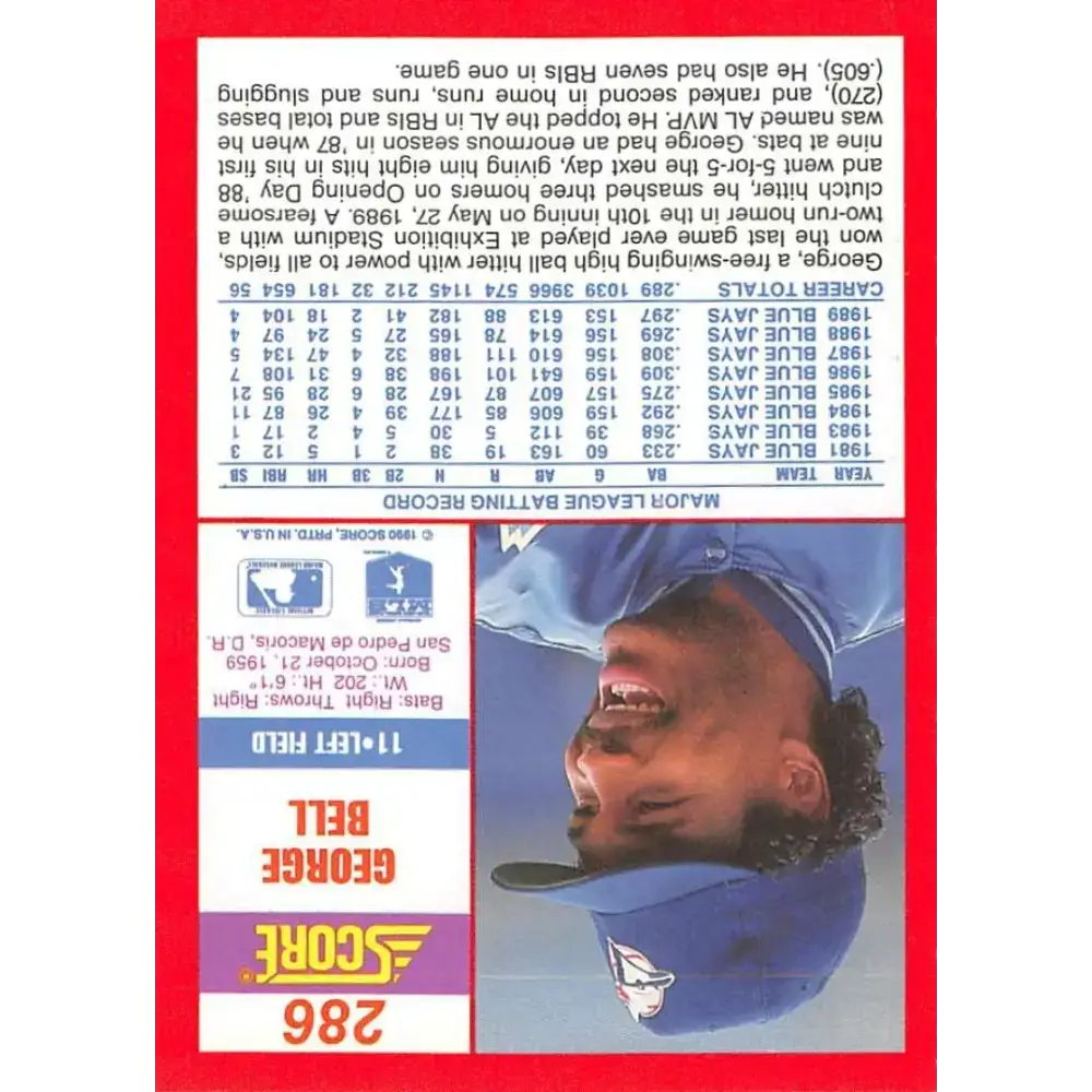 1990 Score #286 George Bell NM-MT Toronto Blue Jays Baseball Card - Baseball Card Single