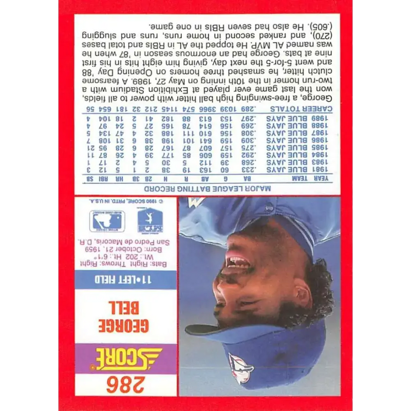 1990 Score #286 George Bell NM-MT Toronto Blue Jays Baseball Card - Baseball Card Single