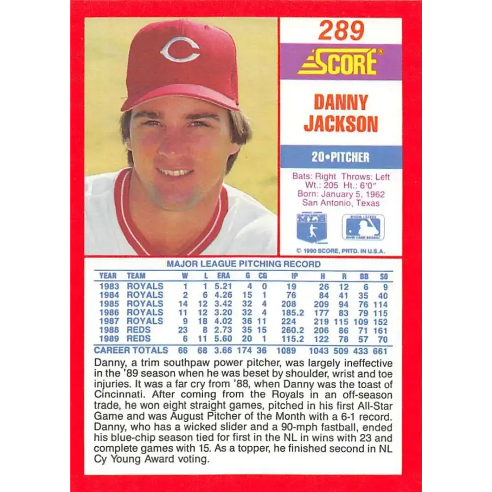 1990 Score #289 Danny Jackson NM-MT Cincinnati Reds Baseball Card - Baseball Card Single