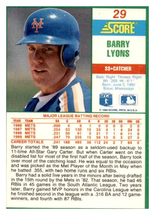 1990 Score #29 Barry Lyons - Baseball Card Single