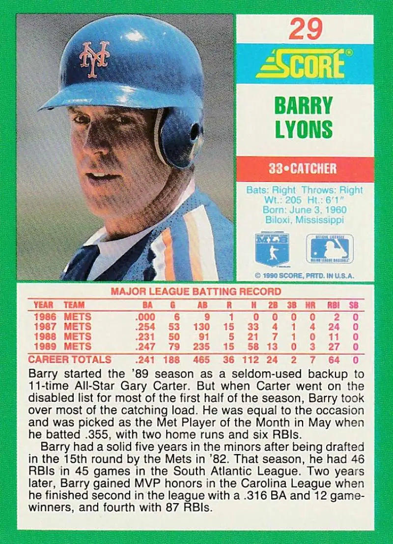 1990 Score #29 Barry Lyons EX Excellent New York Mets Baseball Card - Baseball Card Single