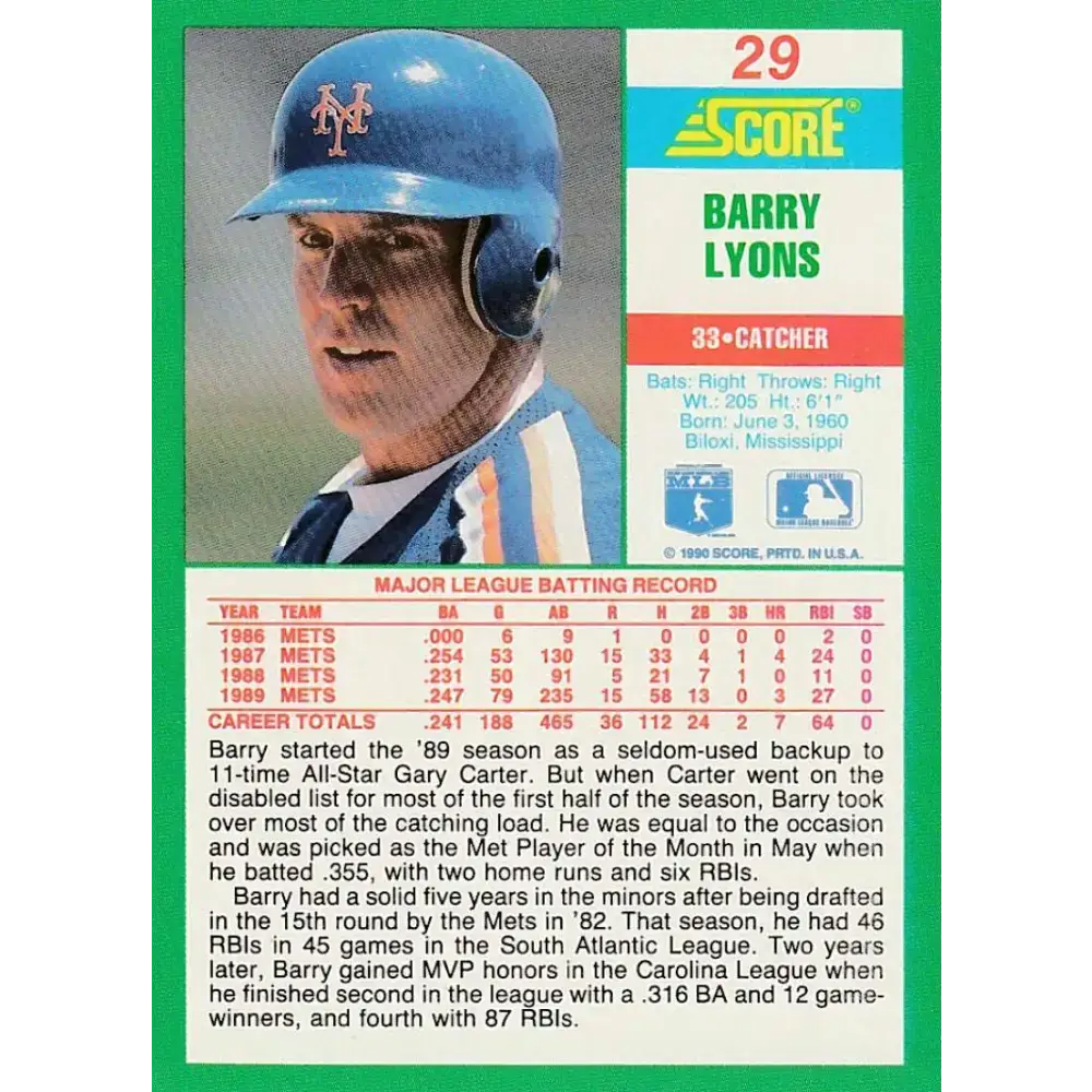 1990 Score #29 Barry Lyons NM-MT New York Mets Baseball Card - Baseball Card Single