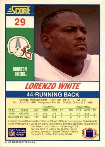 Original gloss Lorenzo White football card from 1990 Score #29 featuring Simply Sandoval