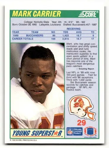 1990 Score #29 Mark Carrier Tampa Bay Buccaneers Football Cards NM-M ID:62208 - Football Card Single