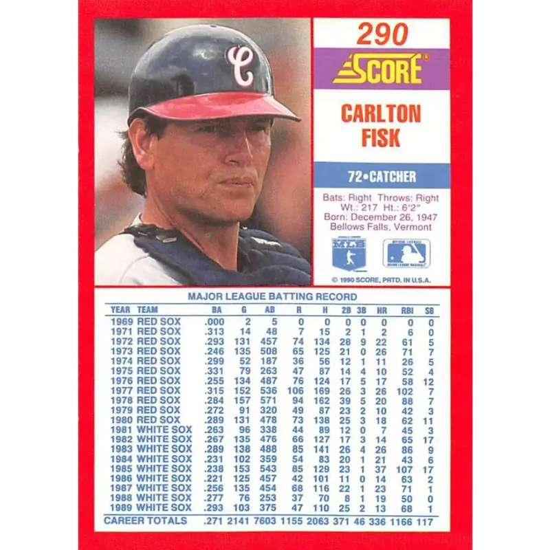 1990 Score #290 Carlton Fisk NM-MT Chicago White Sox Baseball Card - Baseball Card Single