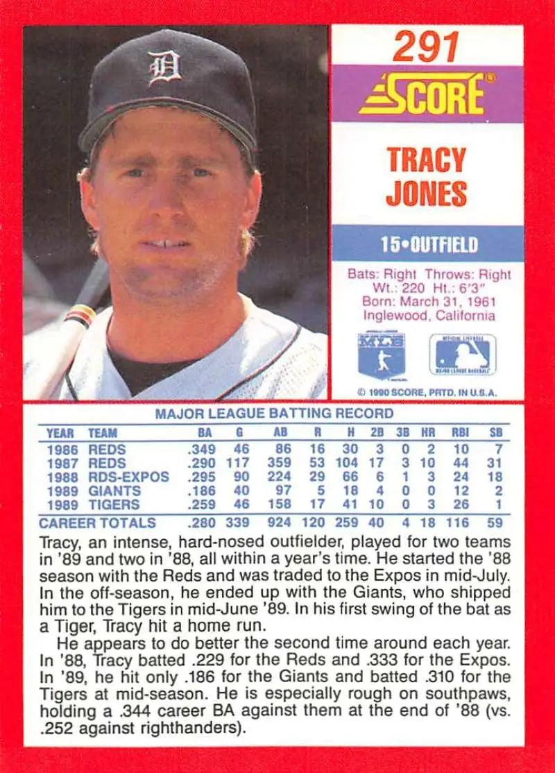 1990 Score #291 Tracy Jones EX Excellent Detroit Tigers Baseball Card - Baseball Card Single