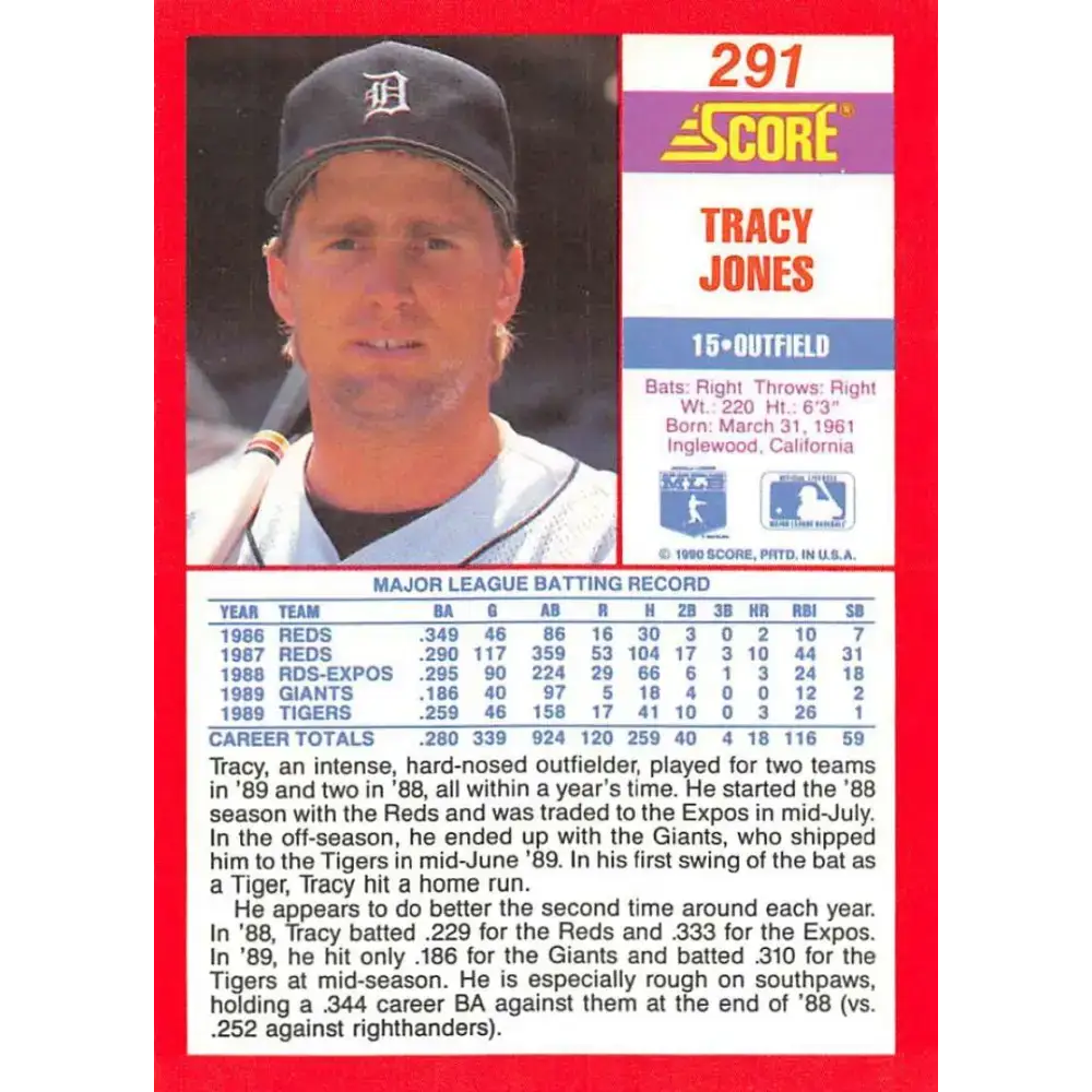 1990 Score #291 Tracy Jones NM-MT Detroit Tigers Baseball Card - Baseball Card Single