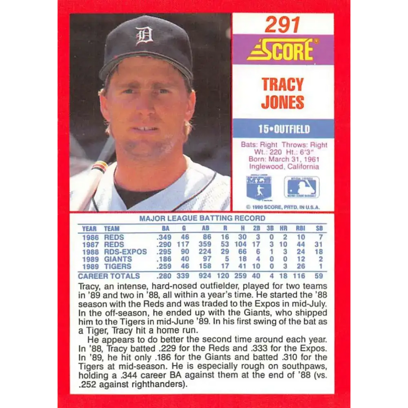 1990 Score #291 Tracy Jones NM-MT Detroit Tigers Baseball Card - Baseball Card Single