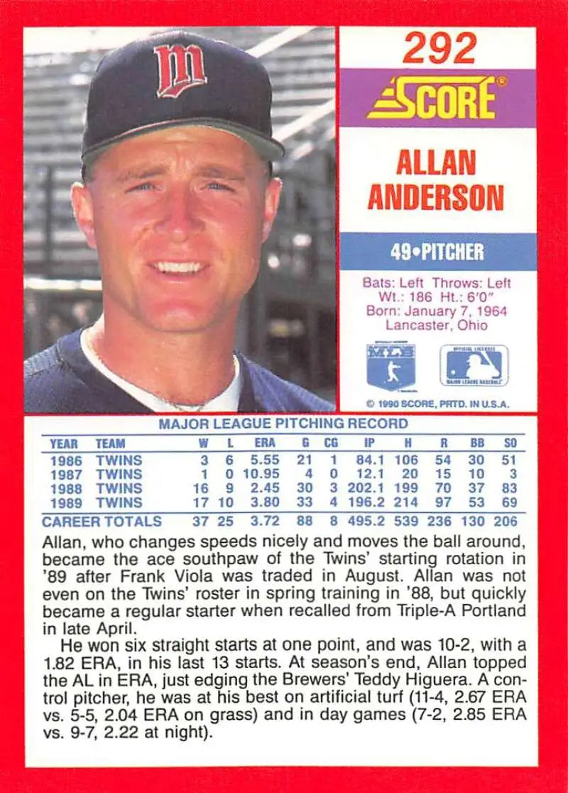 1990 Score #292 Allan Anderson EX Excellent Minnesota Twins Baseball Card - Baseball Card Single