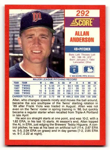 Original gloss 1990 Score Allan Anderson baseball card featuring Allan Anderson player