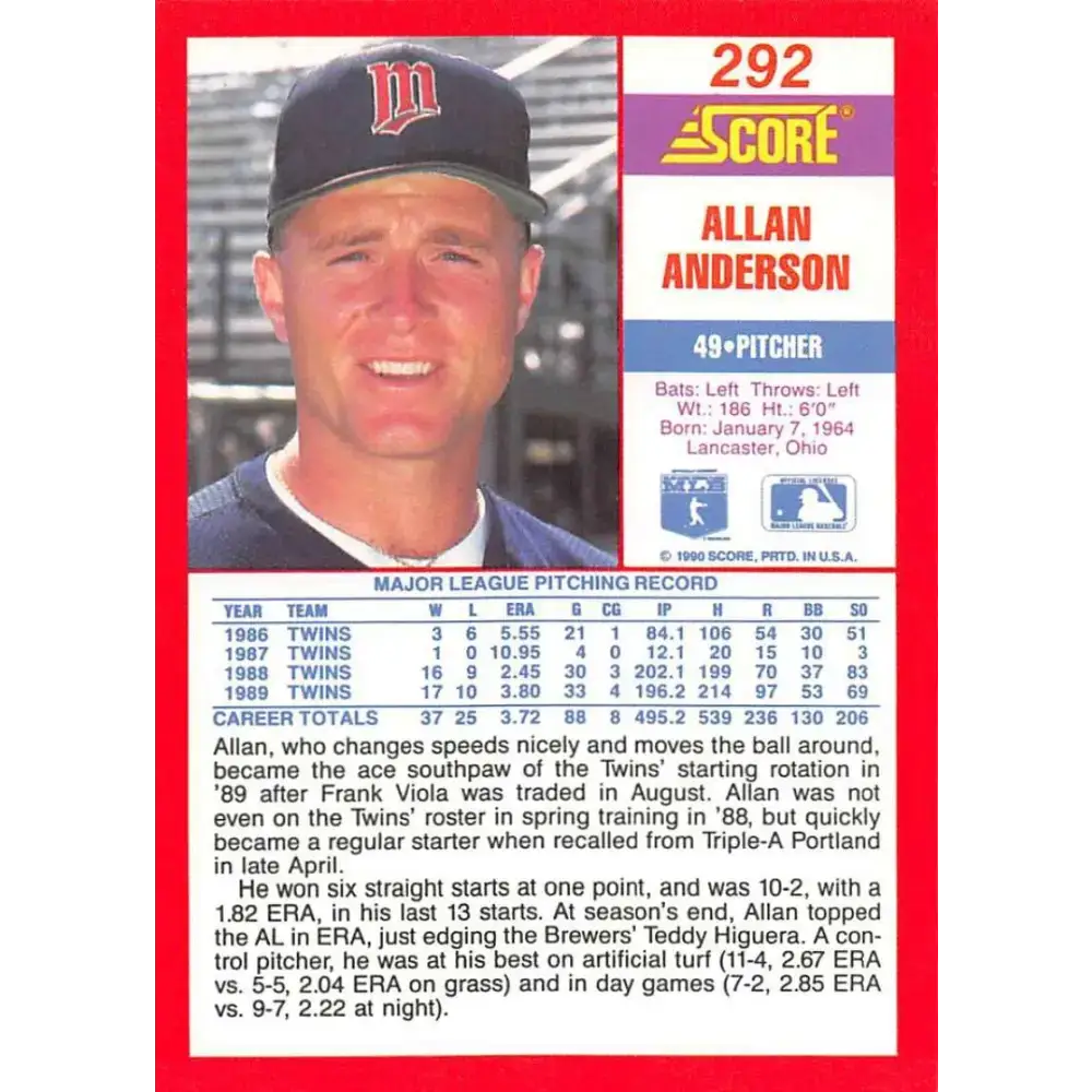 1990 Score #292 Allan Anderson NM-MT Minnesota Twins Baseball Card - Baseball Card Single