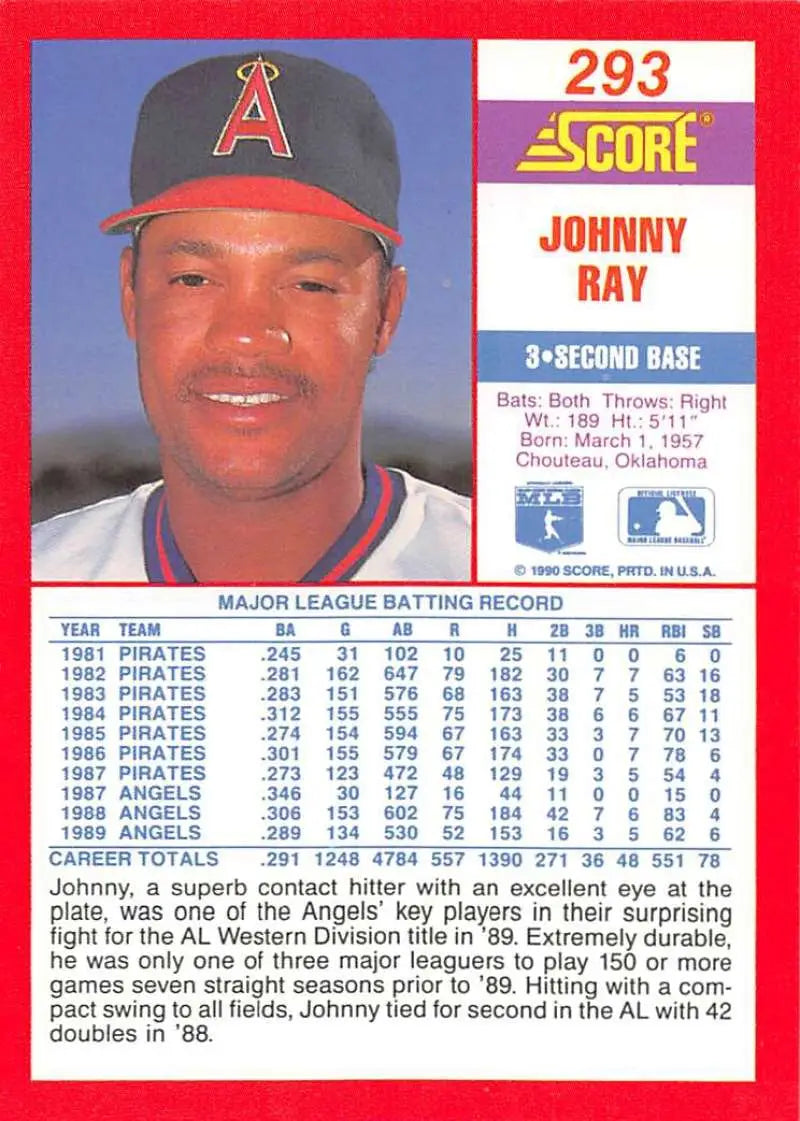 1990 Score #293 Johnny Ray EX Excellent California Angels Baseball Card - Baseball Card Single