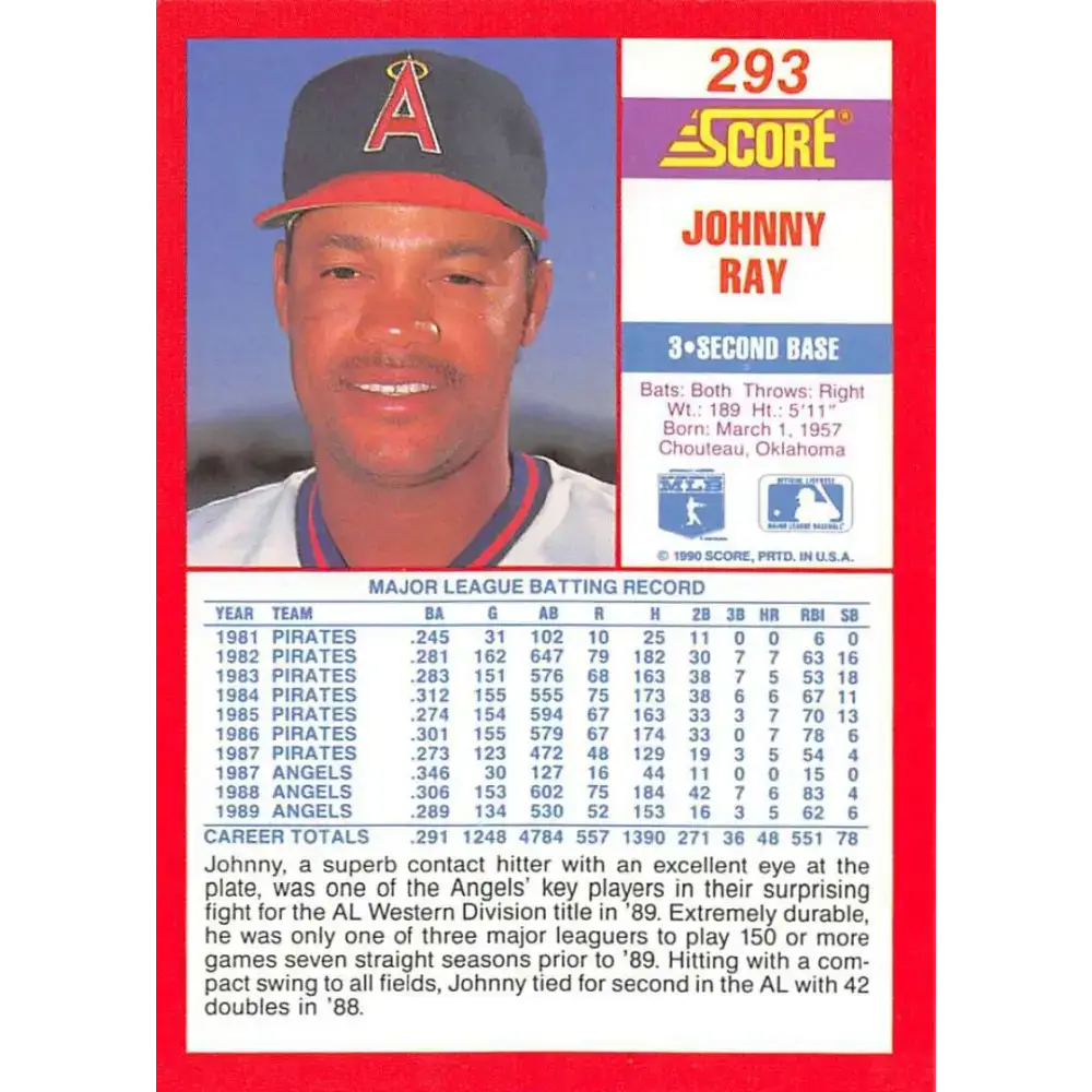 1990 Score #293 Johnny Ray NM-MT California Angels Baseball Card - Baseball Card Single