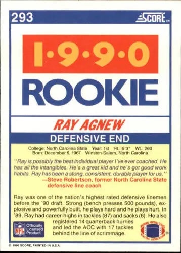 Original gloss 1990 Score Ray Agnew NM-MT RC rookie card featuring Ray Agnew
