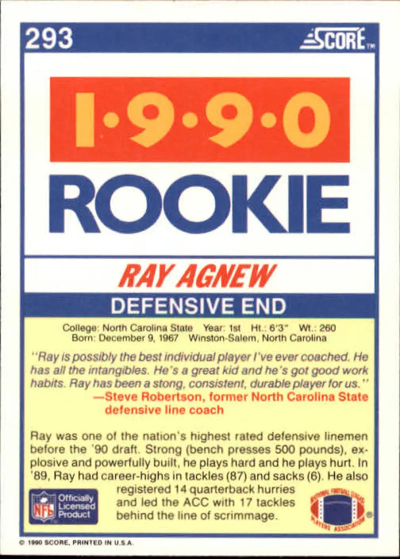 1990 Score #293 Ray Agnew NM-MT RC Rookie NC State Wolfpack Football Card - Football Card Single