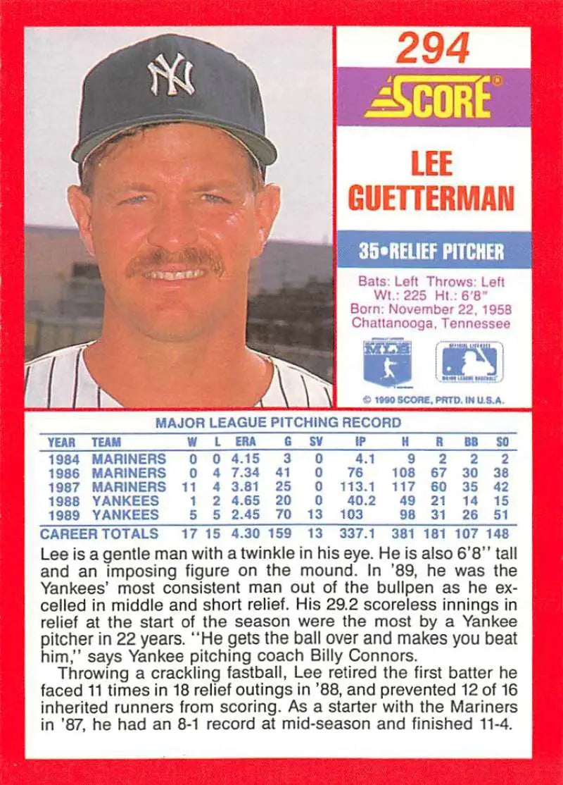 1990 Score #294 Lee Guetterman EX Excellent New York Yankees Baseball Card - Baseball Card Single