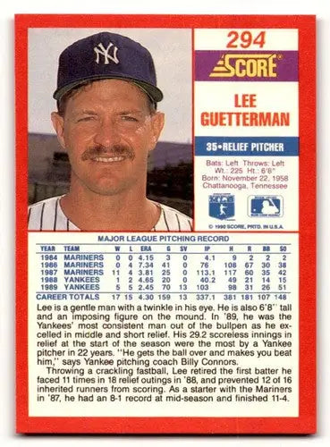 Original gloss Lee Guetterman baseball card from 1990 Score #294 featuring Simply Sandoval