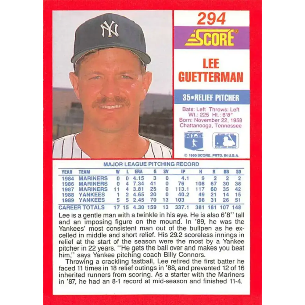 1990 Score #294 Lee Guetterman NM-MT New York Yankees Baseball Card - Baseball Card Single