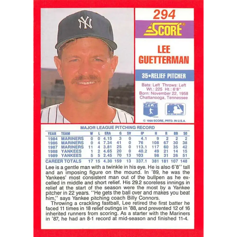 1990 Score #294 Lee Guetterman NM-MT New York Yankees Baseball Card - Baseball Card Single