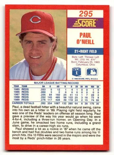 Original gloss Paul O’Neill baseball card from 1990 Score #295 showcasing Simply Sandoval