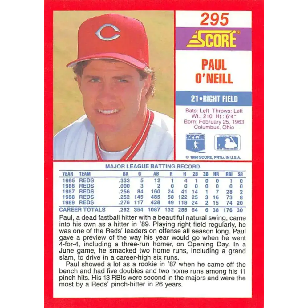 1990 Score #295 Paul O’Neill NM-MT Cincinnati Reds Baseball Card - Baseball Card Single