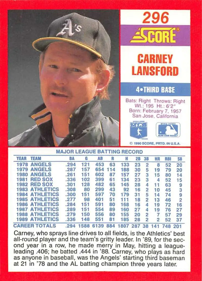 1990 Score #296 Carney Lansford EX Excellent Oakland Athletics Baseball Card - Baseball Card Single